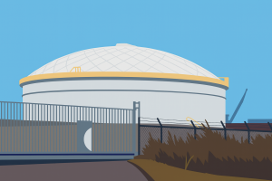 a dome roof liquid storage tank monitored by ultrasonic sensor