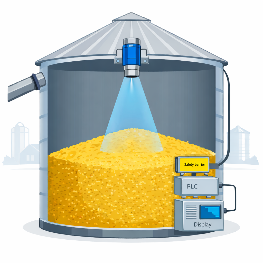 Level monitoring in a grain bin with ultrasonic sensor