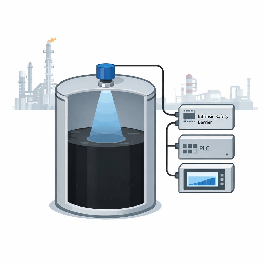 flat roof tank liquid level monitoring with an intrinsically safe ultrasonic sensor