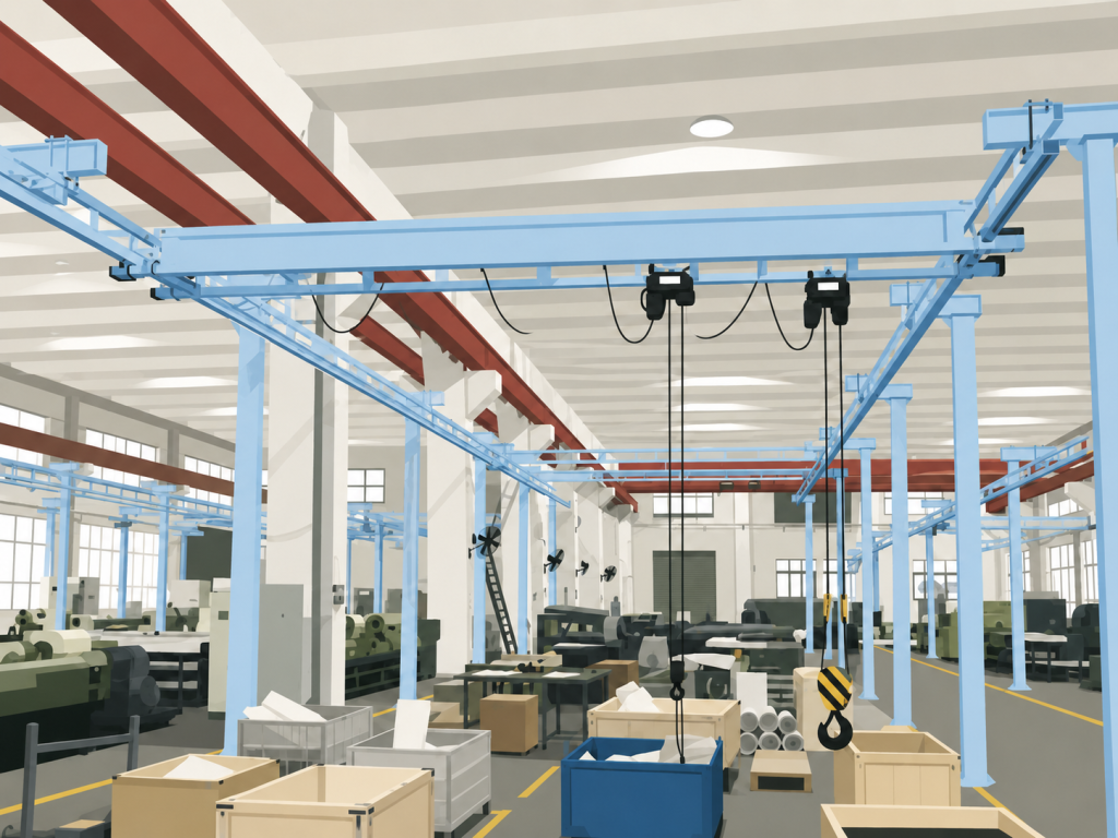 an illustration of and industrial facility using cranes fitted with ultrasonic sensors to measure distance from the target.