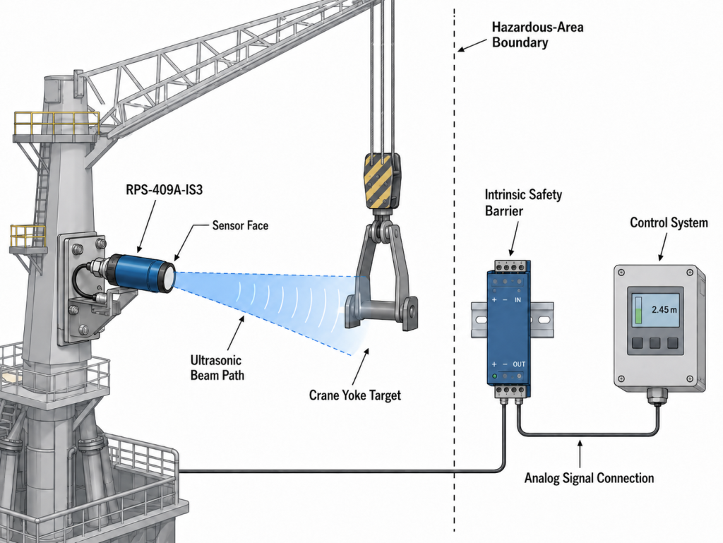 Intrinsically safe ultrasonic sensor detecting crane yoke position on offshore oil rig equipment.